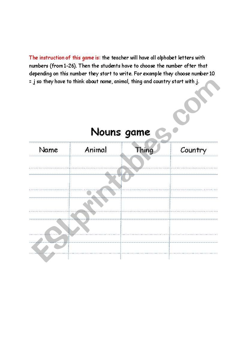 Proper nouns game worksheet