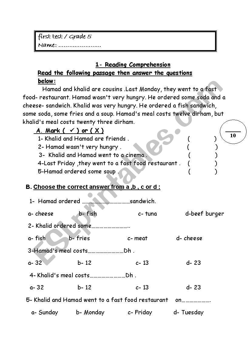 exam worksheet