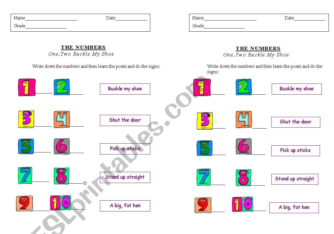 THE NUMBERS - poem worksheet