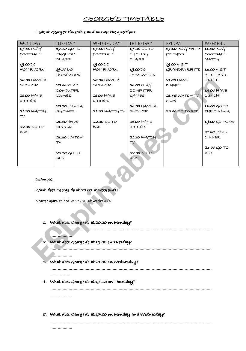georges timetable worksheet