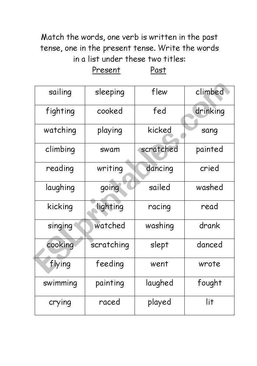 matching verb tenses worksheet