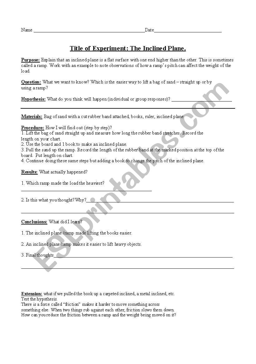 Inclined Plane experiment worksheet