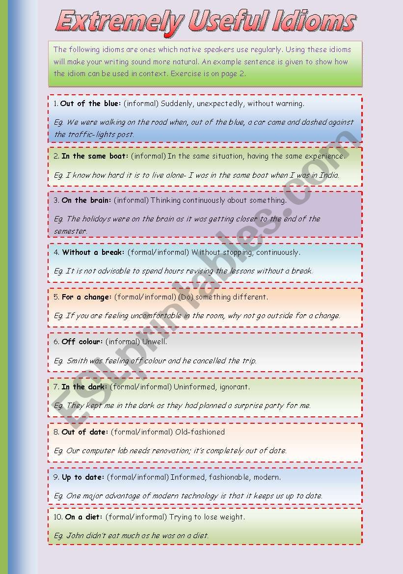 Extremely Useful Idioms worksheet