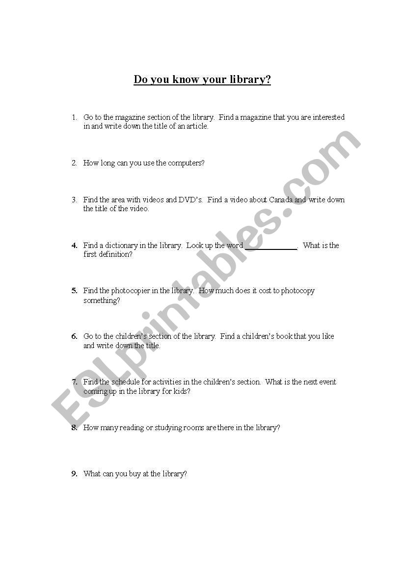 Do you know your library? worksheet