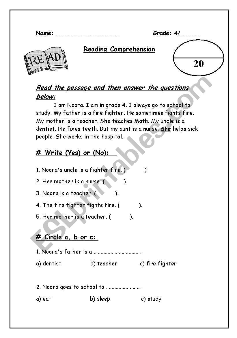 Reading exam for grade 4 worksheet