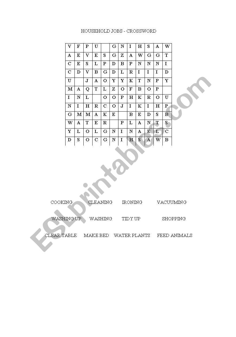 Household jobs crossword worksheet