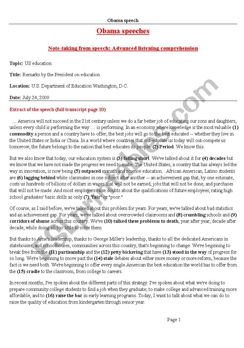 Obama speech worksheet