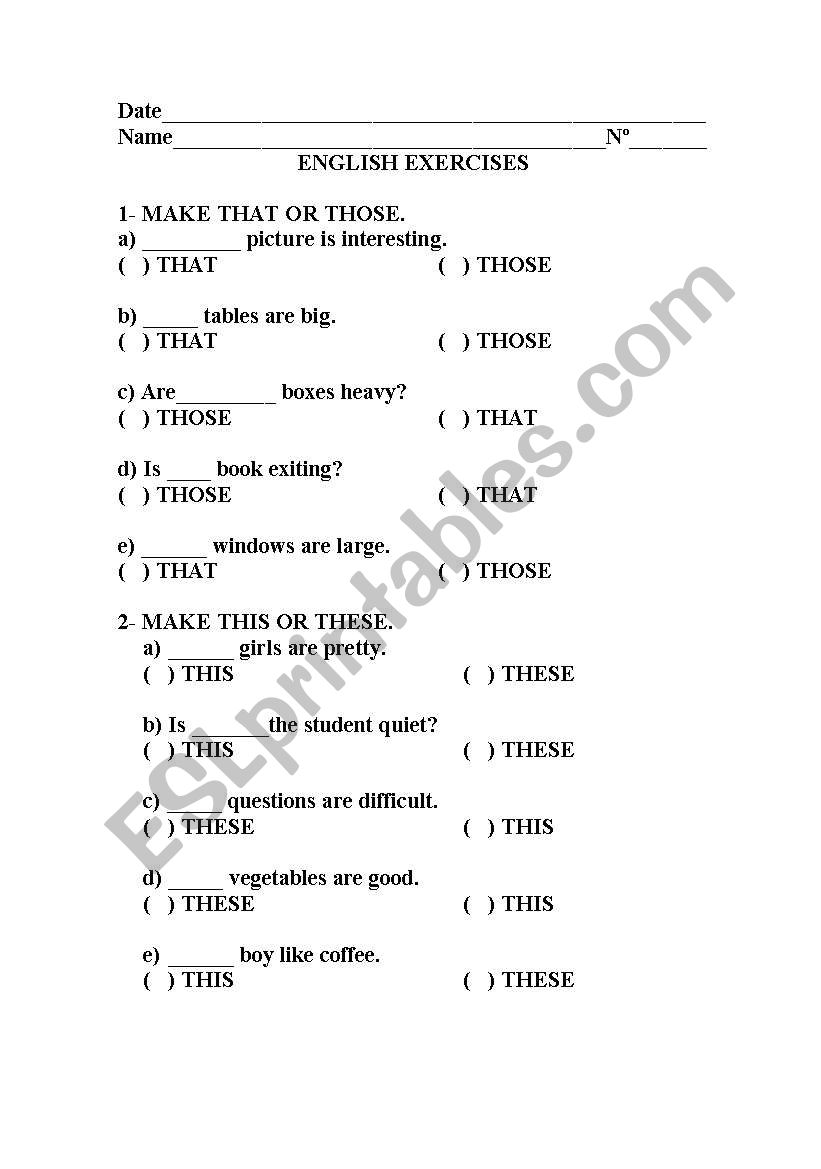 DEMONSTRATIVES worksheet