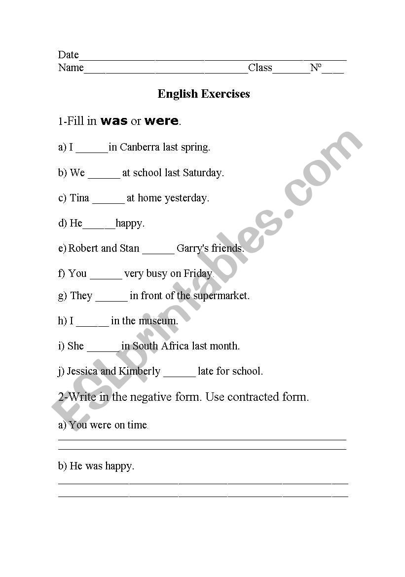 TO BE PAST TENSE worksheet