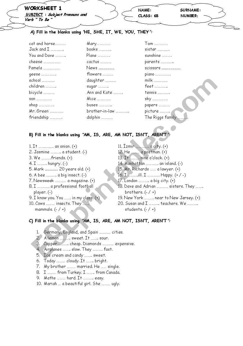 verb to be worksheet