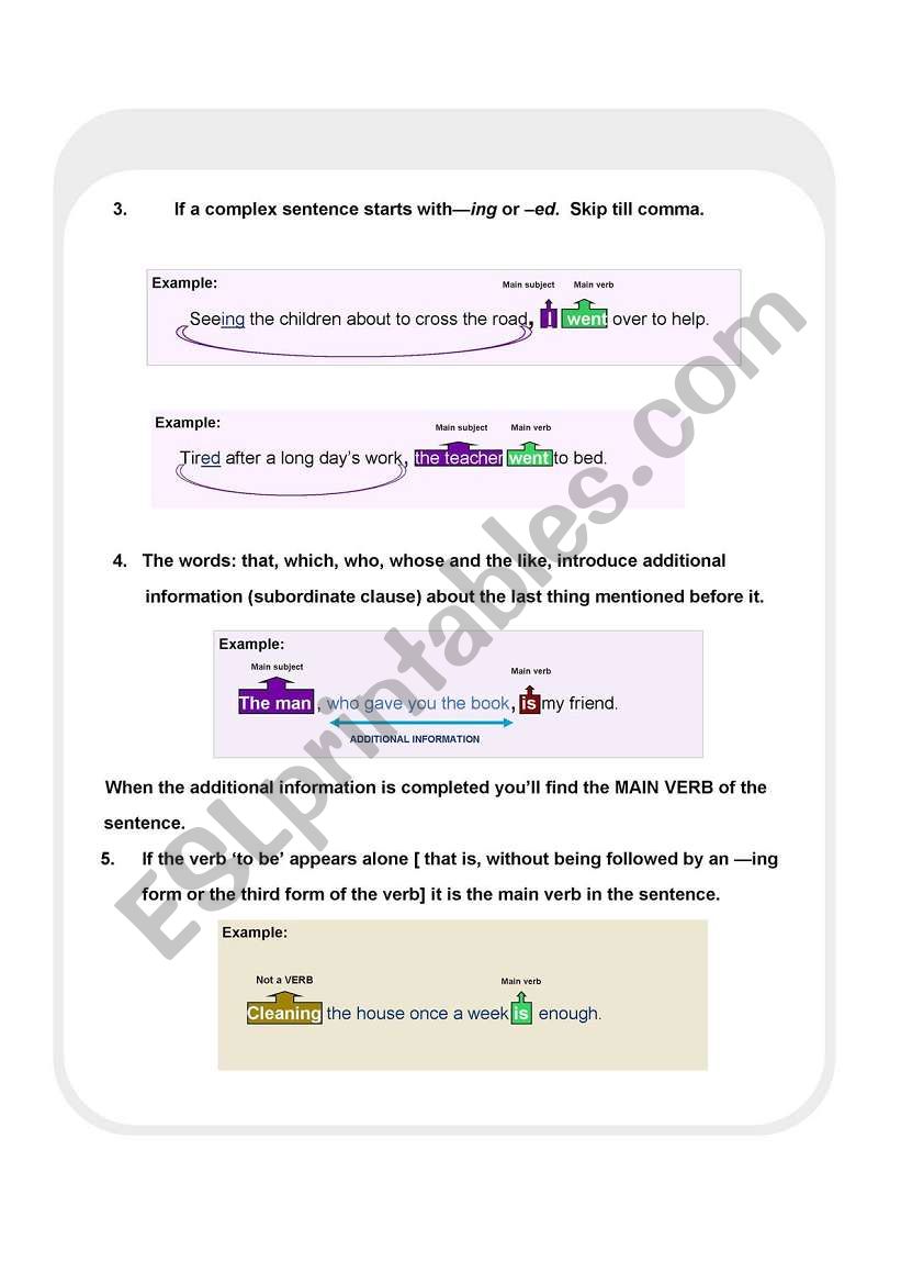 Main Subject and Main Verb worksheet