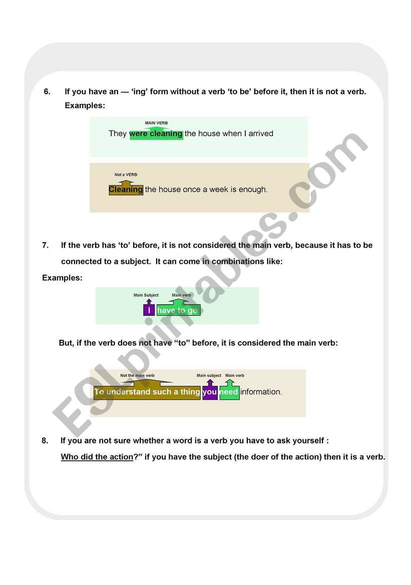 Main Subject and Main Verb worksheet