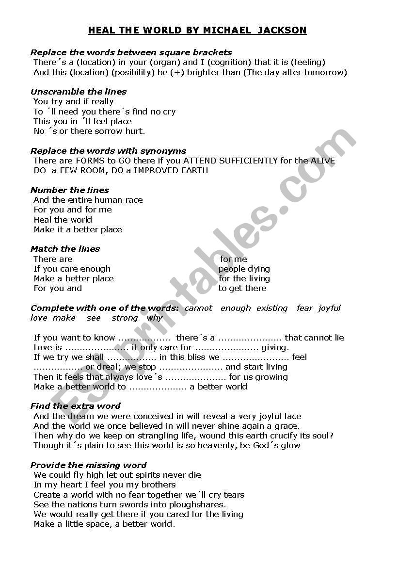 Heal the world worksheet