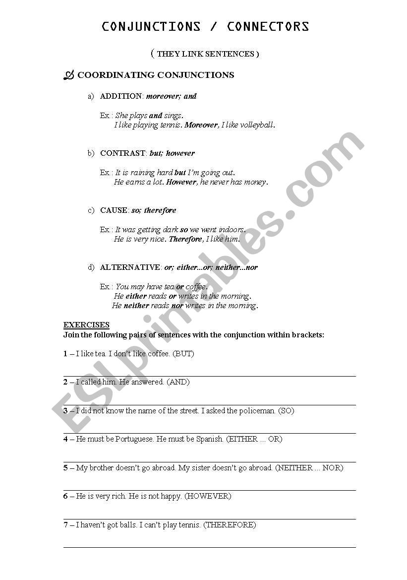 conjunctions / connectors worksheet