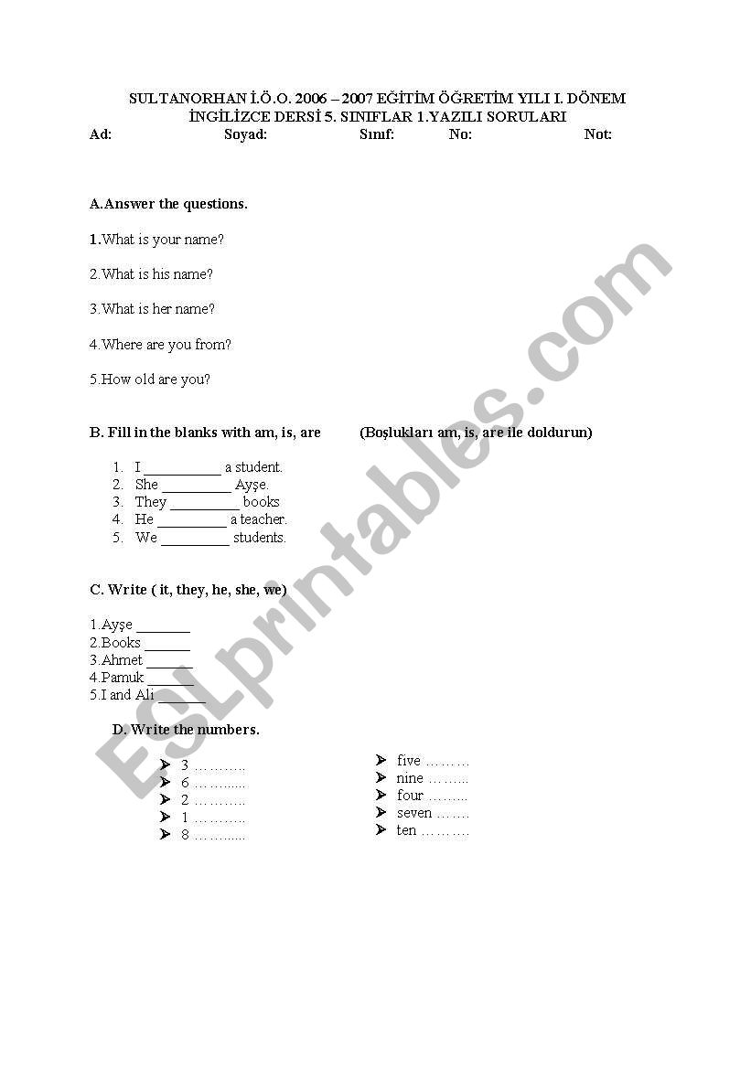 5th class exam worksheet