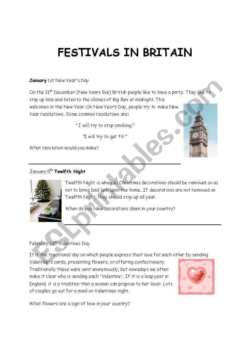 British festivals worksheet