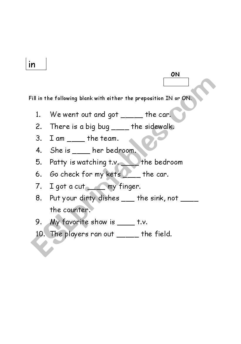 Using prepositions in and on worksheet