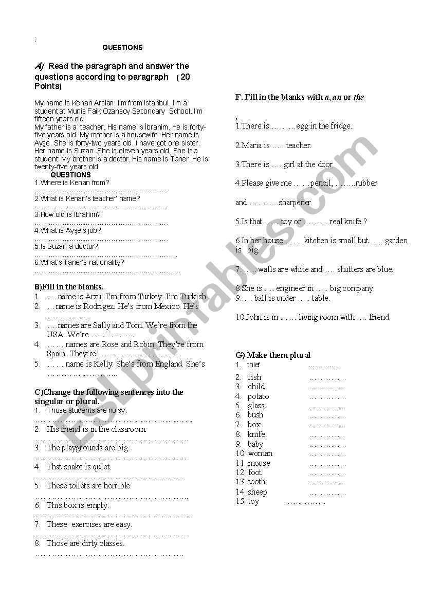 Exercises worksheet