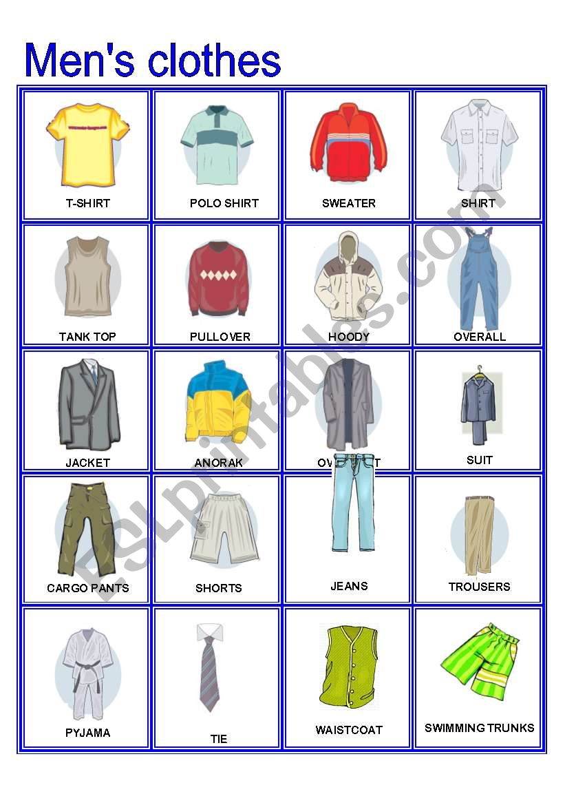 Men´s Clothes Pictionary (Part B) - ESL worksheet by fede117