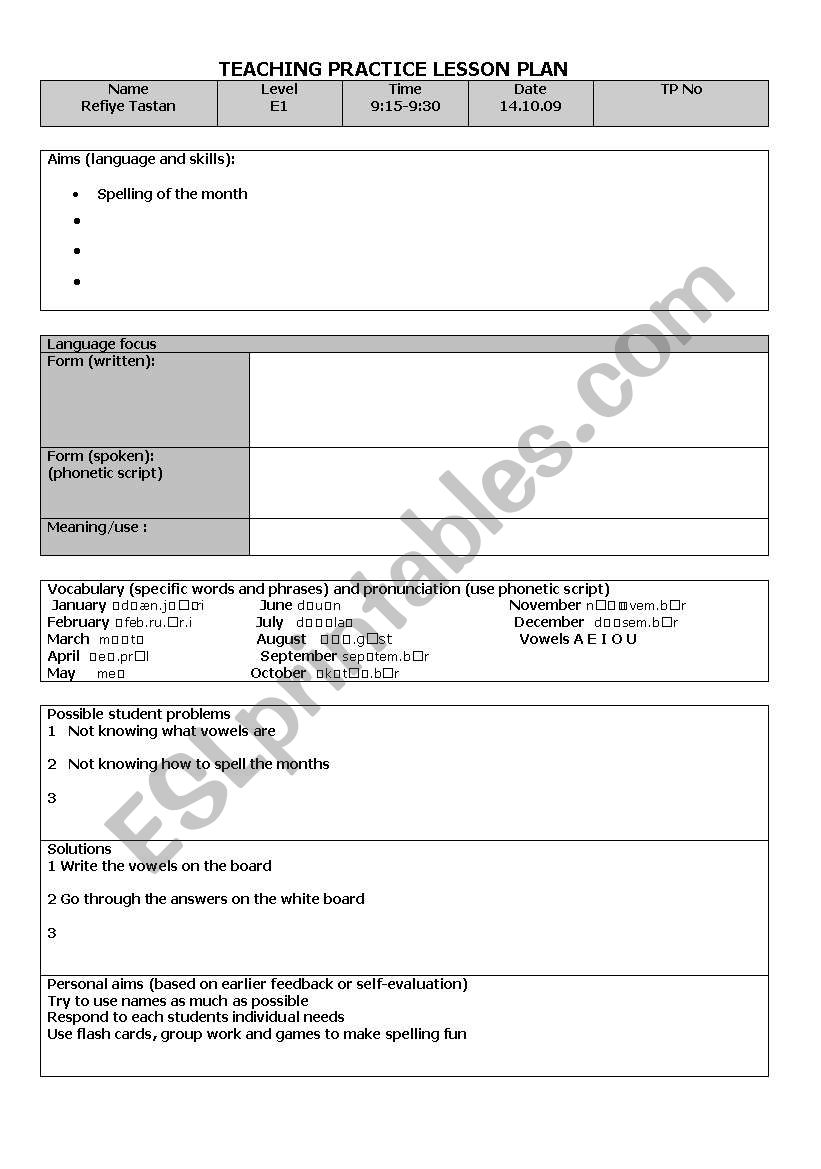 lesson plan spelling months worksheet