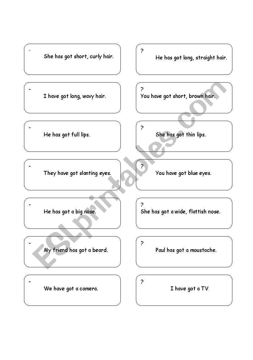 Drill cards for practicing and revising interrogative and negative of have/has got