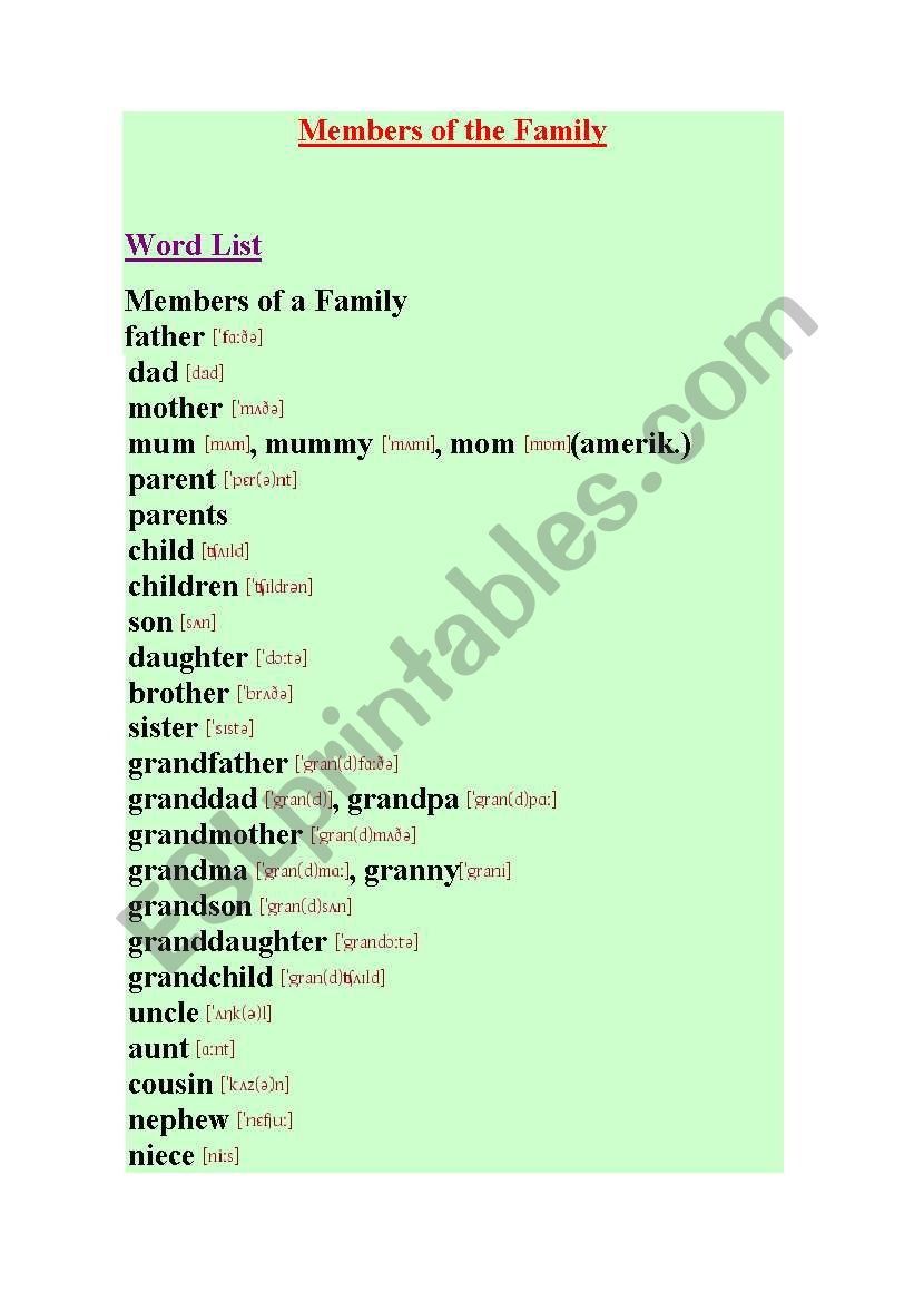 Members of the Family worksheet
