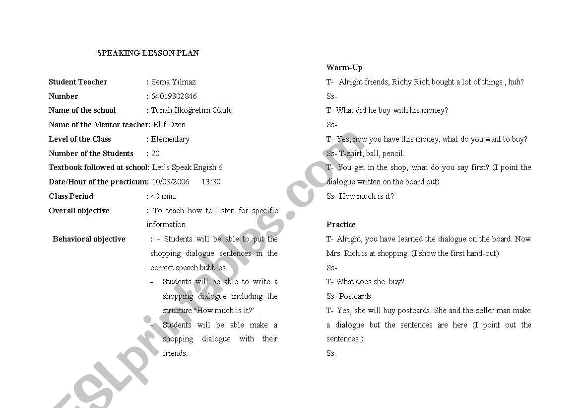 How much is it? Lesson plan worksheet