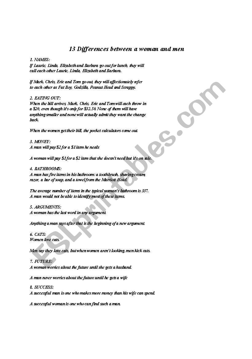 Men Vs Woman worksheet