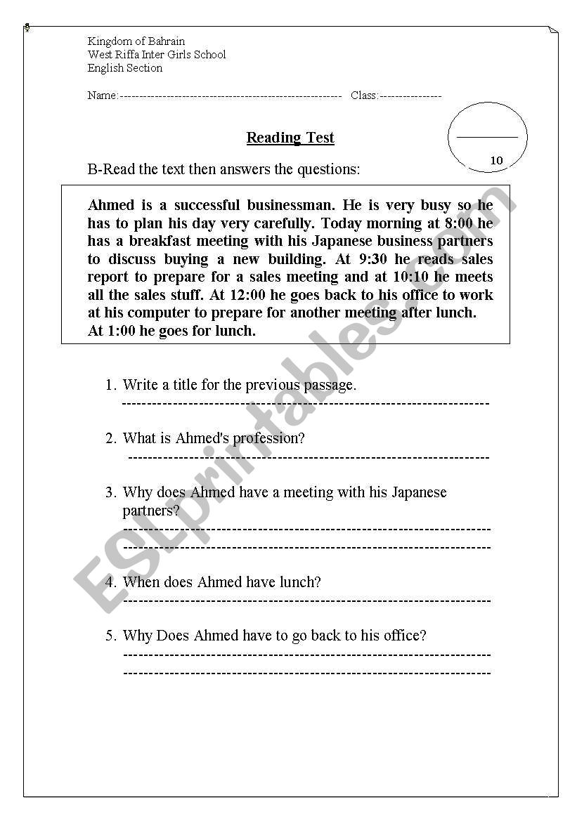 Reading test (dialy routine) worksheet