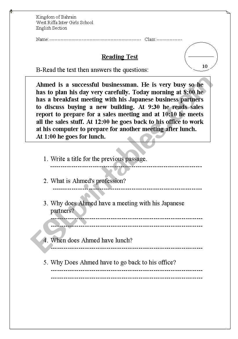 Reading test (dialy routine) worksheet