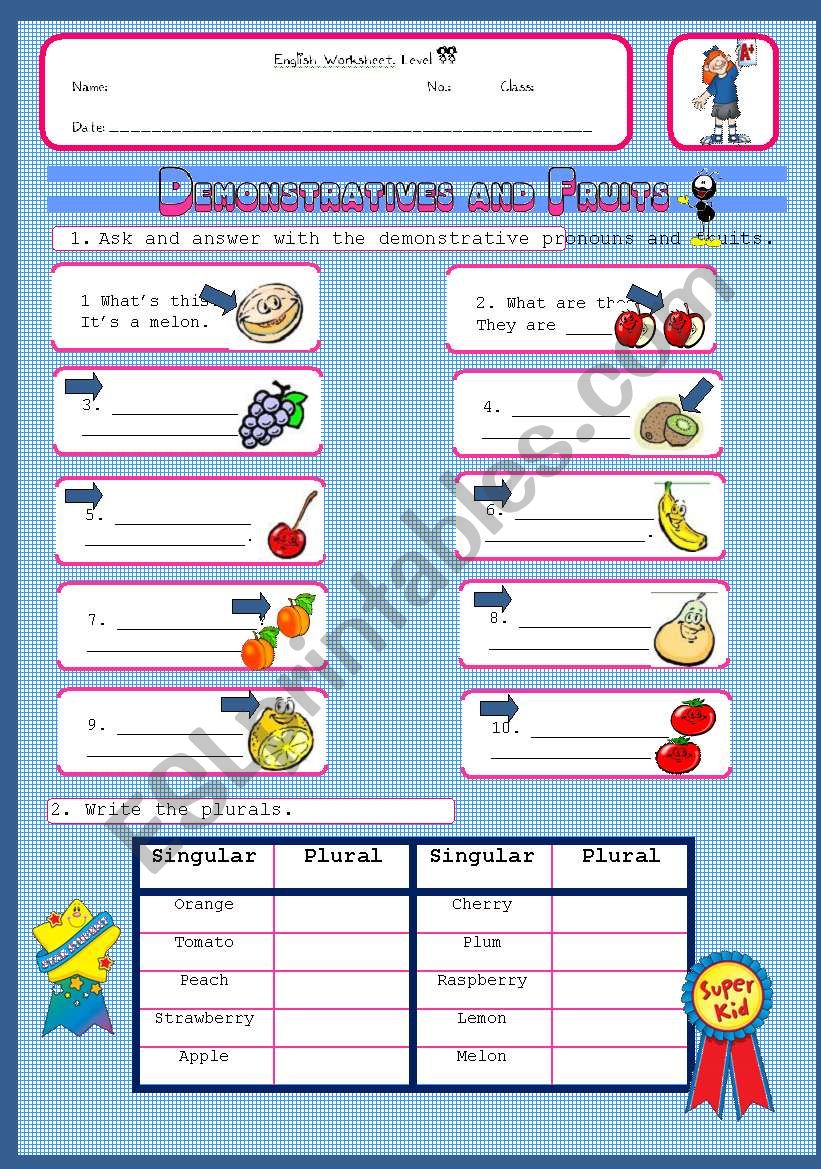 Demonstratives,  fruits and plurals