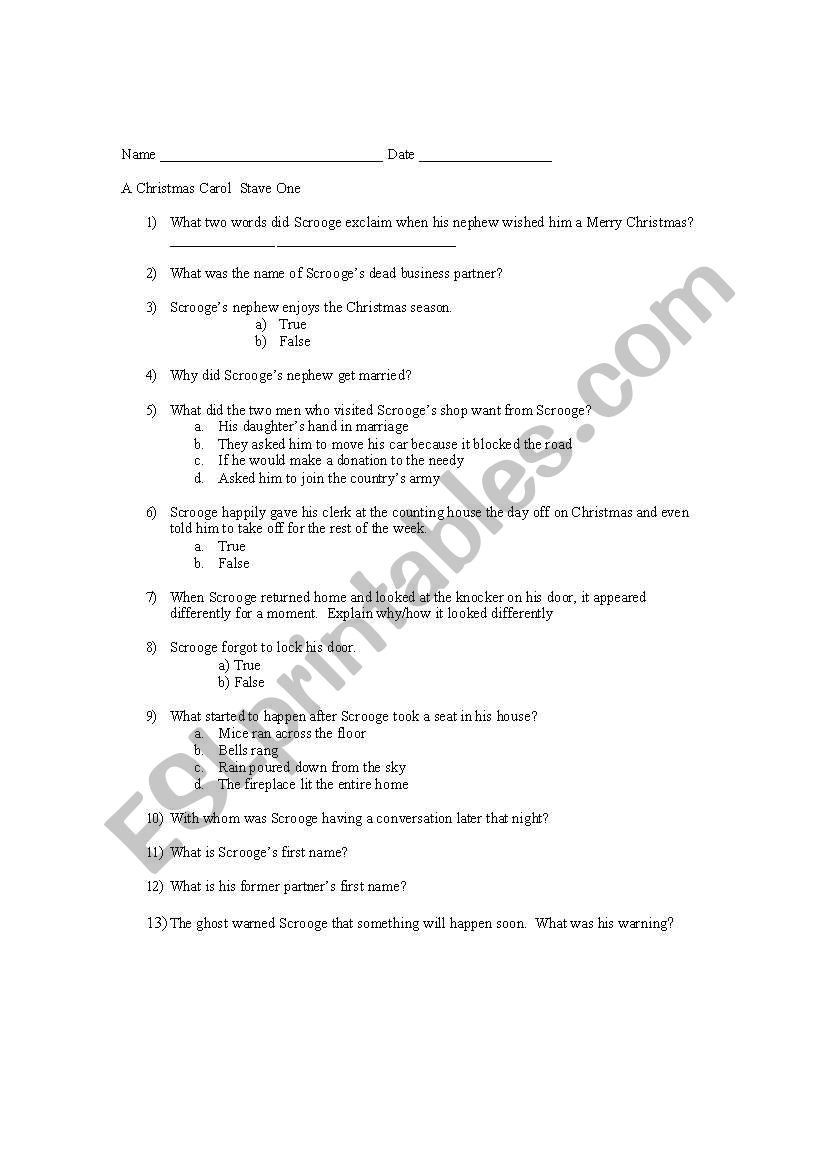 Christmas Carol Stave 1 worksheet