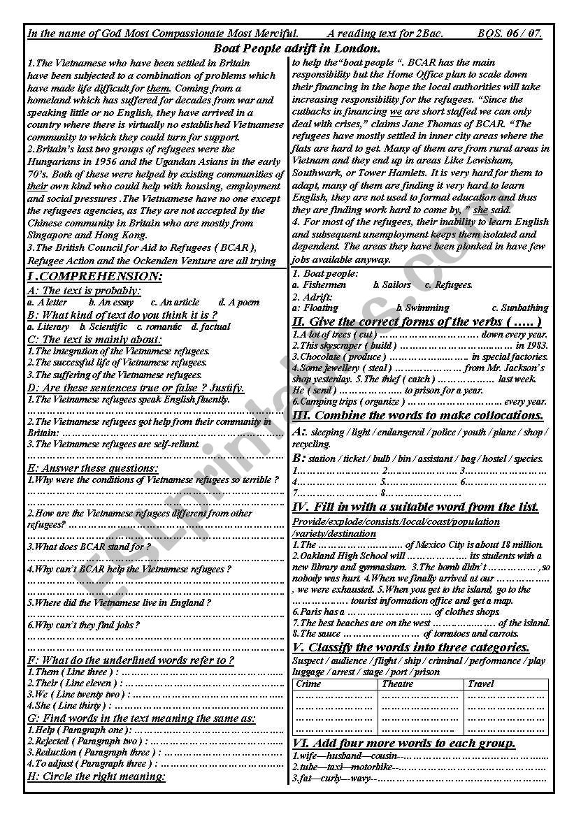 A reading text about refugees worksheet