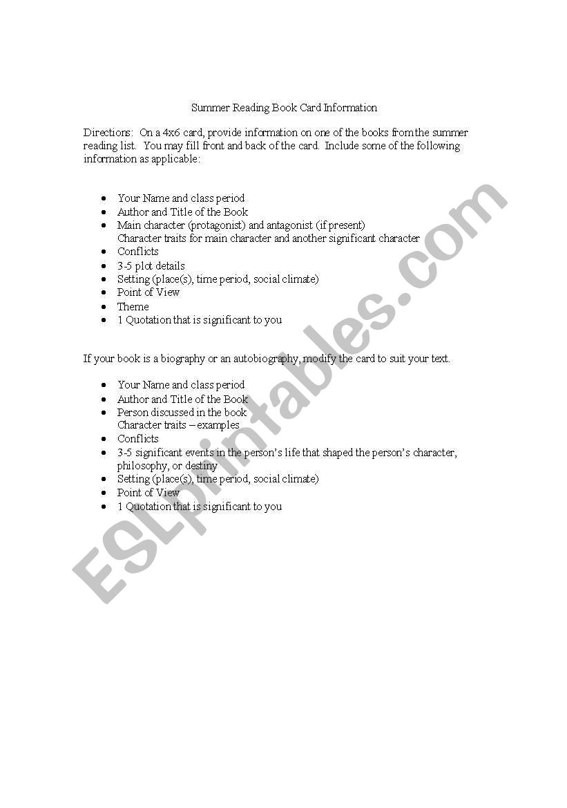 Summer Reading Activity worksheet
