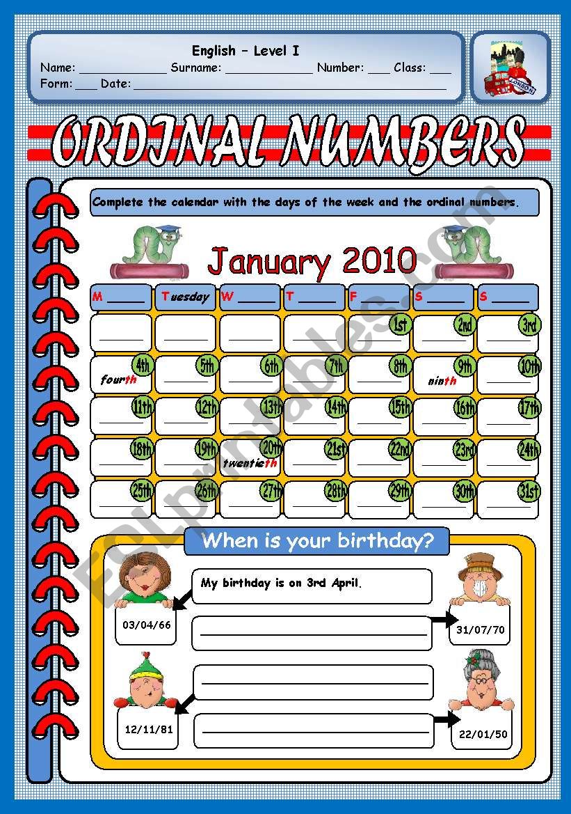 ORDINAL NUMBERS - BIRTHDAYS worksheet