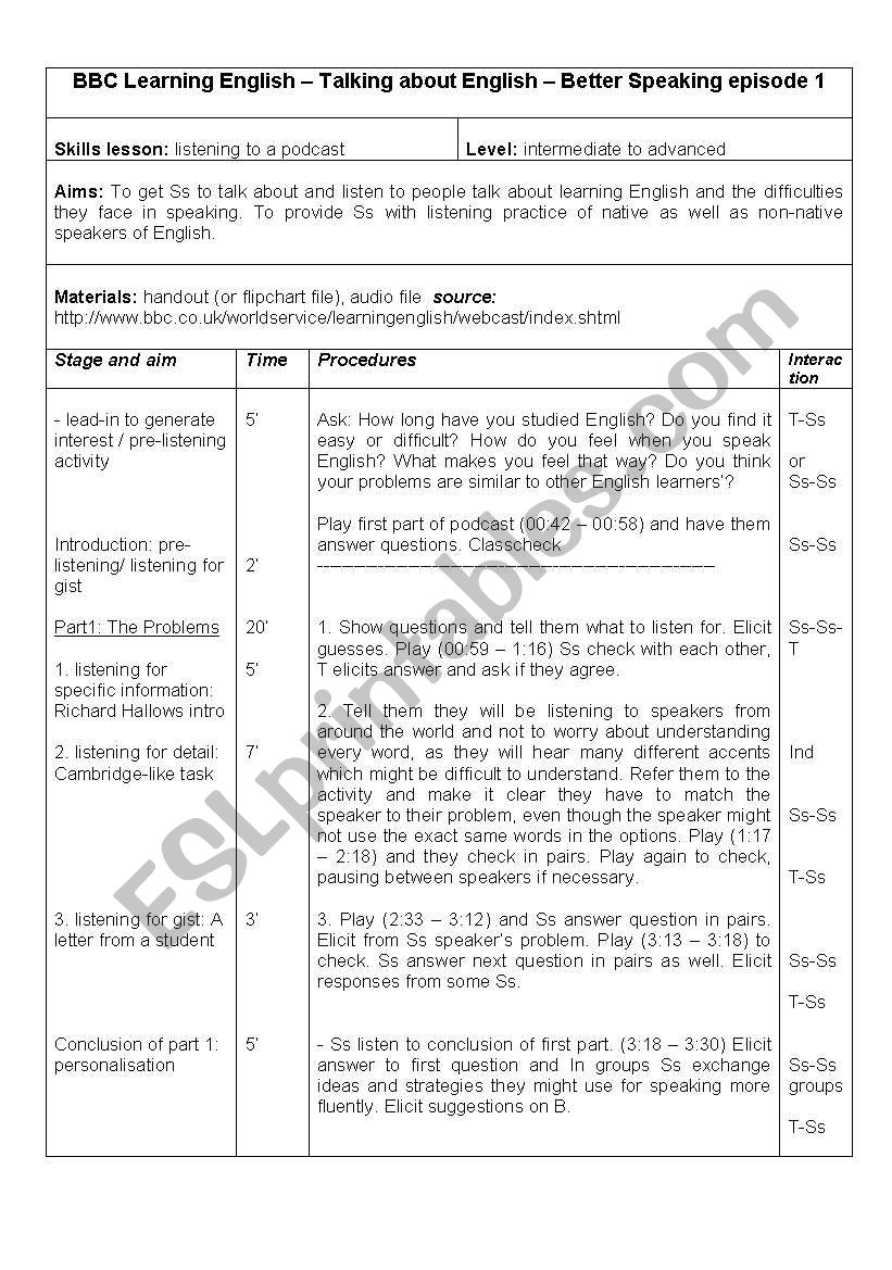 listening and speaking from BBC Learning English â€“ Talking about English â€“ Better Speaking episode 1