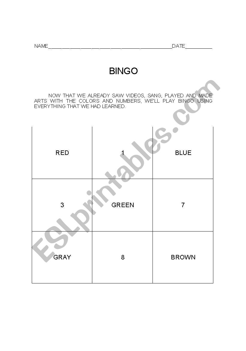 Bingo worksheet
