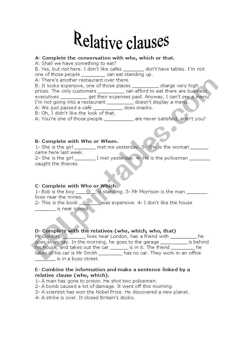 relative clauses worksheet