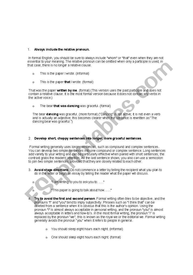 steps of formal writing worksheet
