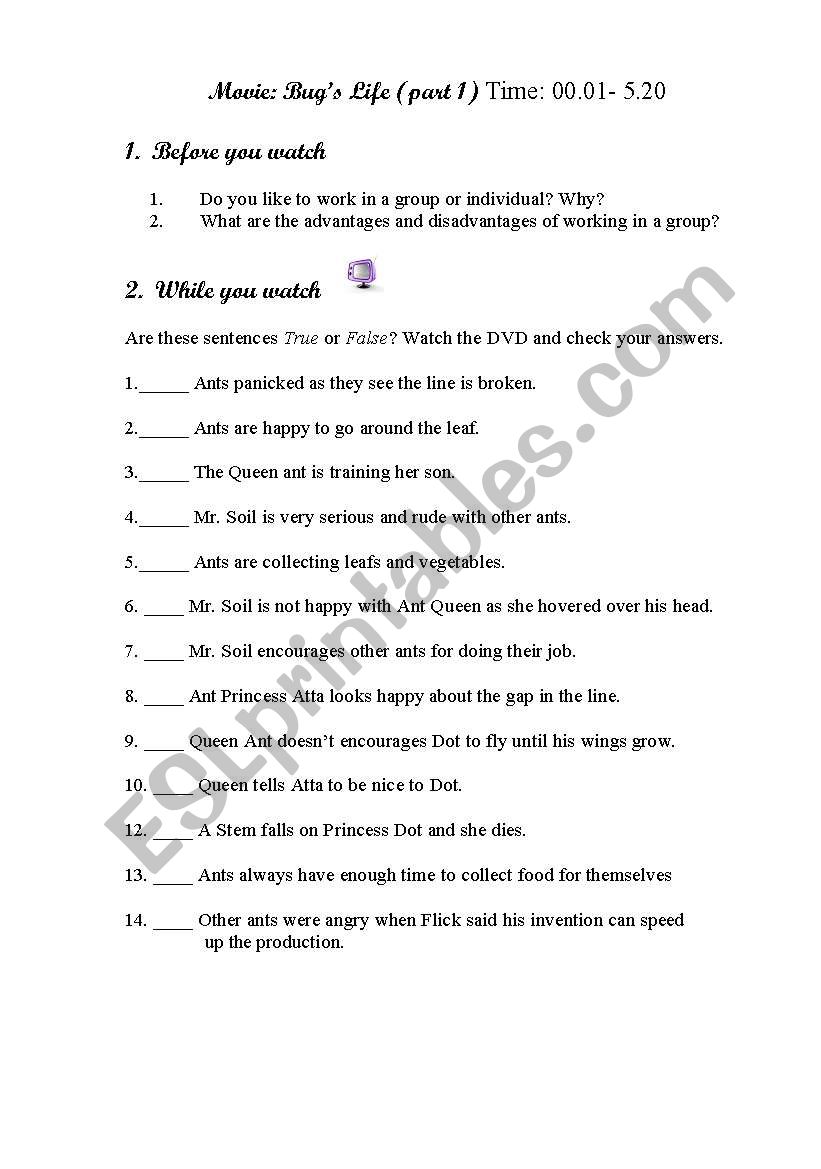 Bugs Life Movie Worksheet worksheet