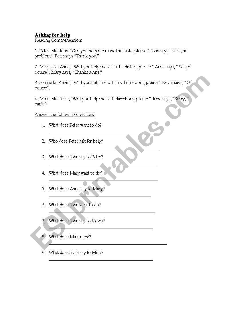 Asking for help. worksheet