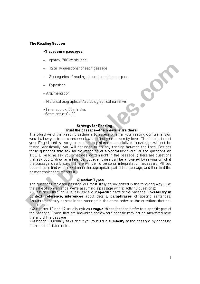 TOEFL READING worksheet