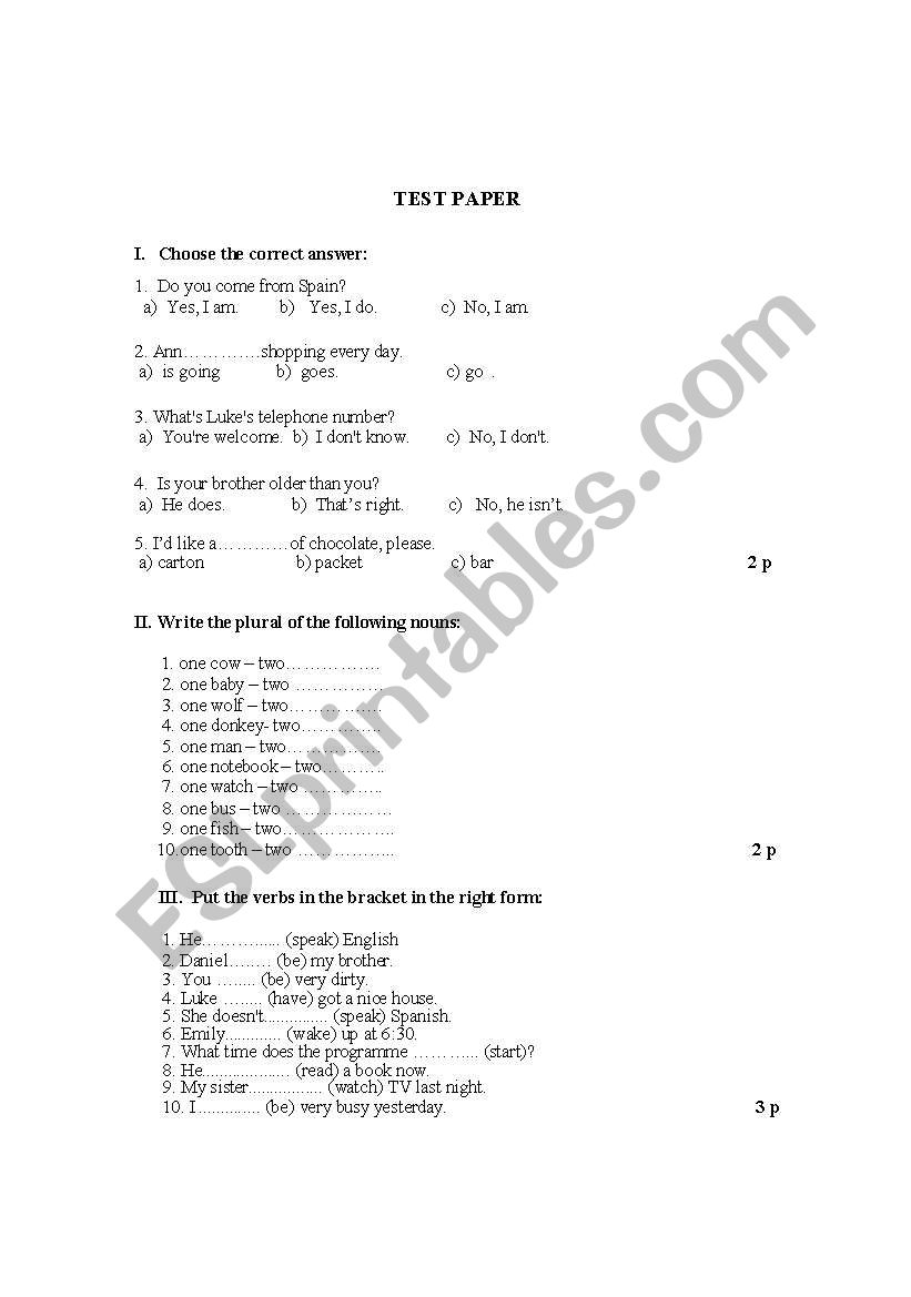 Placement Test  worksheet