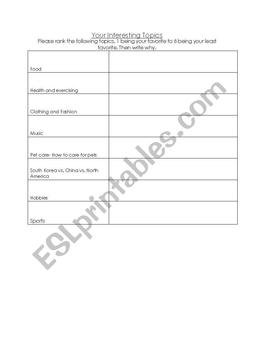 Students choose topics worksheet