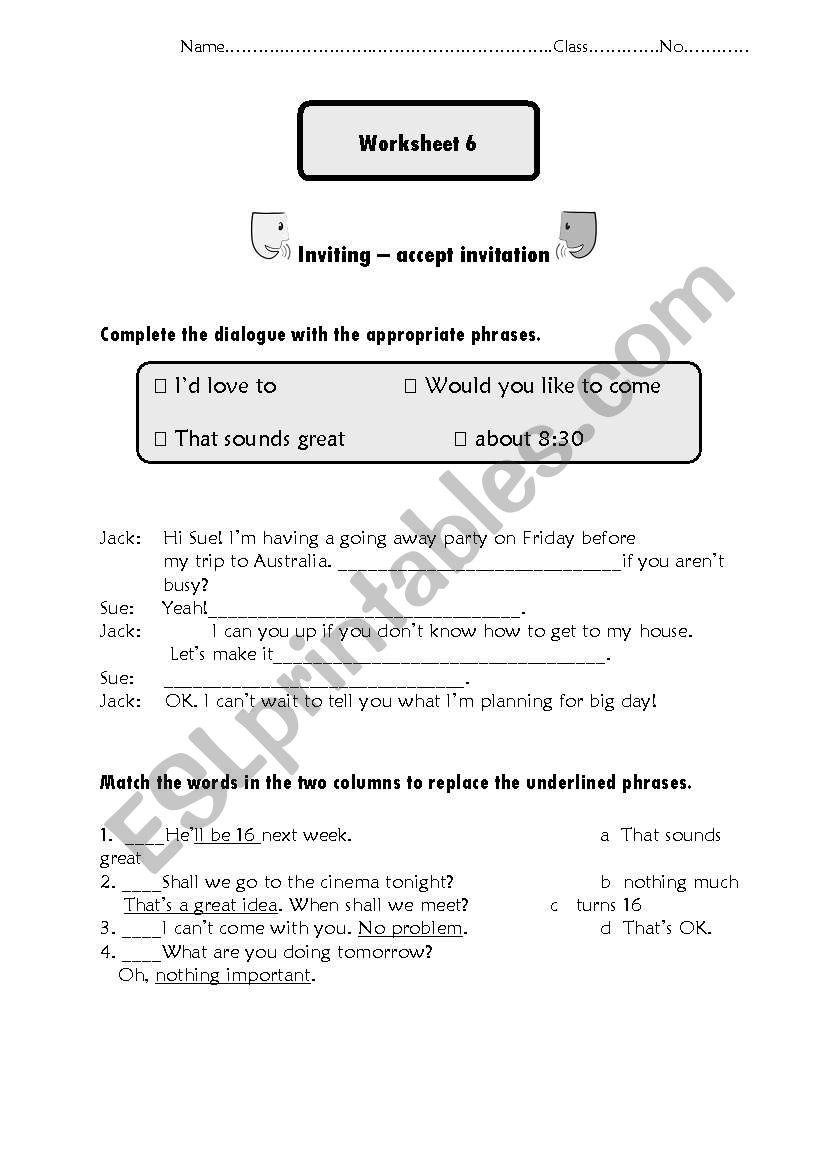 English worksheets conversation Inviting accept invitation