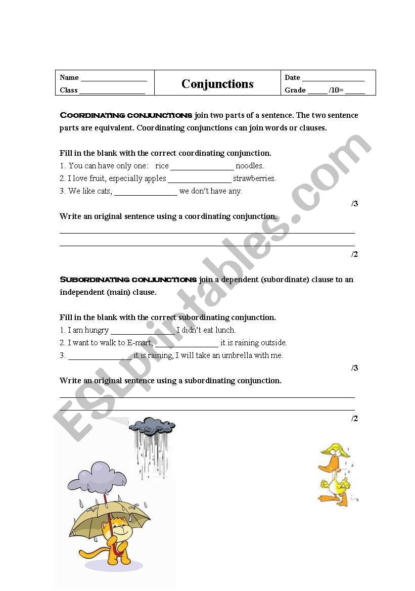 English Worksheets Coordinating Subordinating Conjunctions