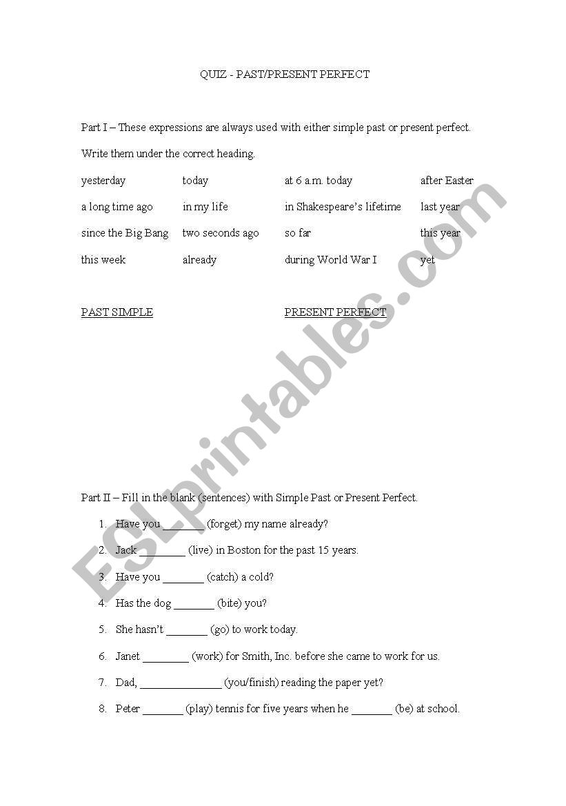 Quiz - past tense worksheet