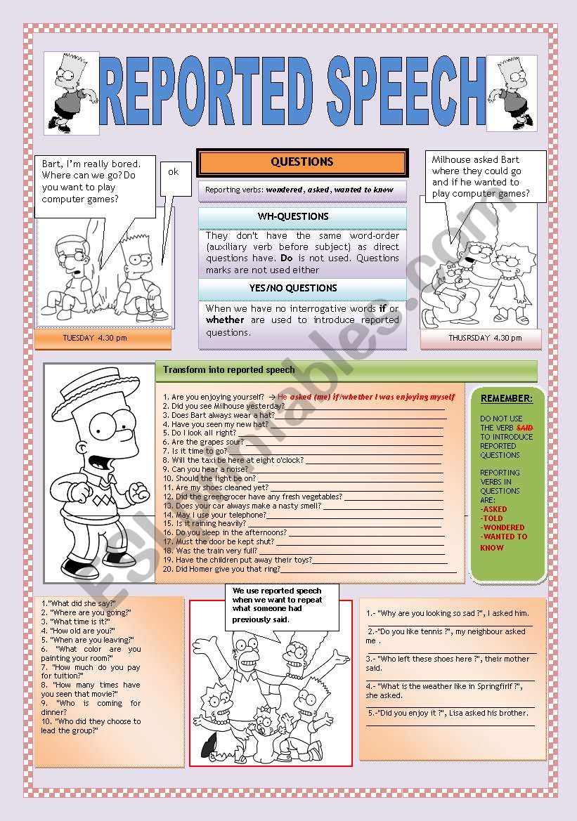 reported speech questions worksheet