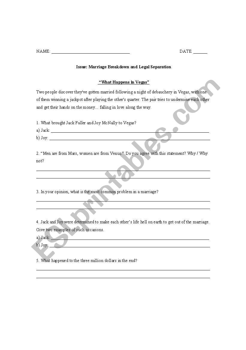 What Happens in Vegas worksheet