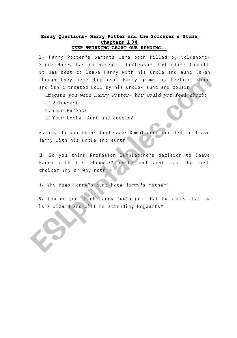 Simple Essay Questions about Chapters 1-4 of first HP book